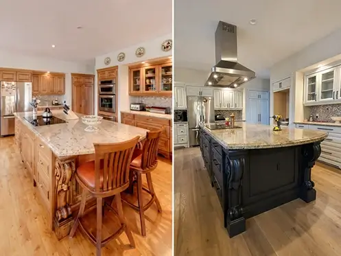 Large kitchen cabinet repaint Toronto — U-shape with island by Arsh Art