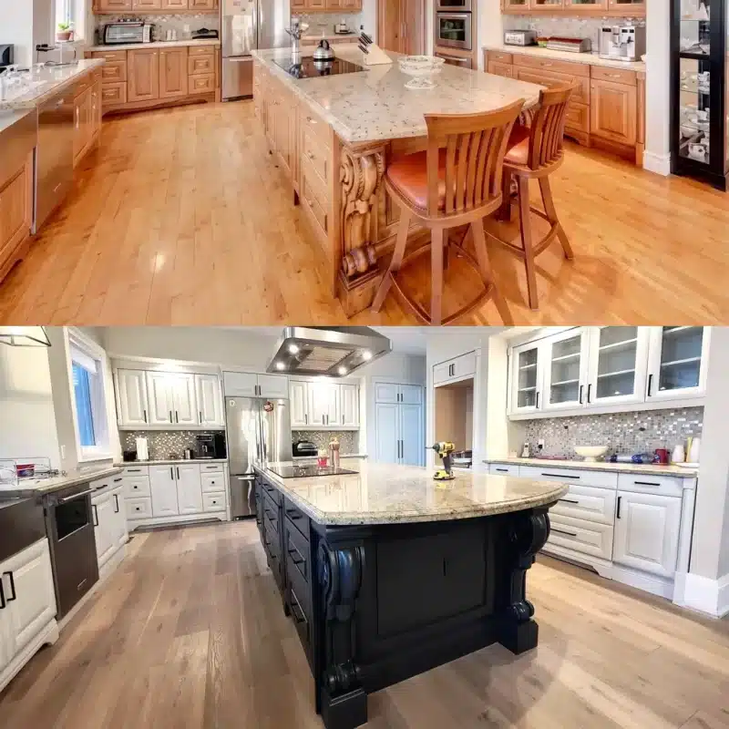 Cabinet spray painting Toronto before and after — oak cabinets refinished in Renner white satin