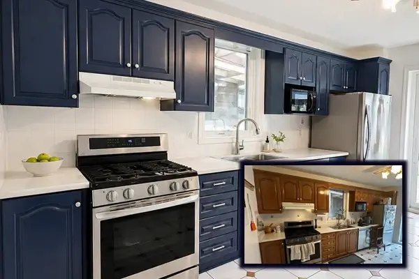 Kitchen cabinet painting Markham before and after — honey maple to Chantilly Lace shaker