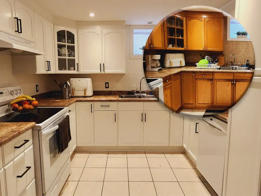 Oak cabinet painting toronto — honey oak kitchen before and after White Dove with grain fill