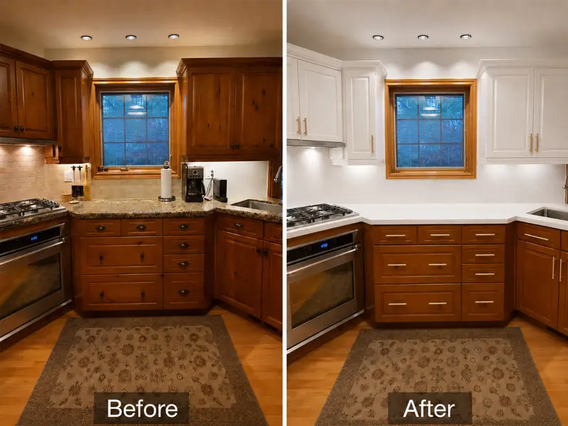 Custom maple cabinet refinishing in Etobicoke — upper cabinets painted white, lower cabinets kept natural by Arsh Art