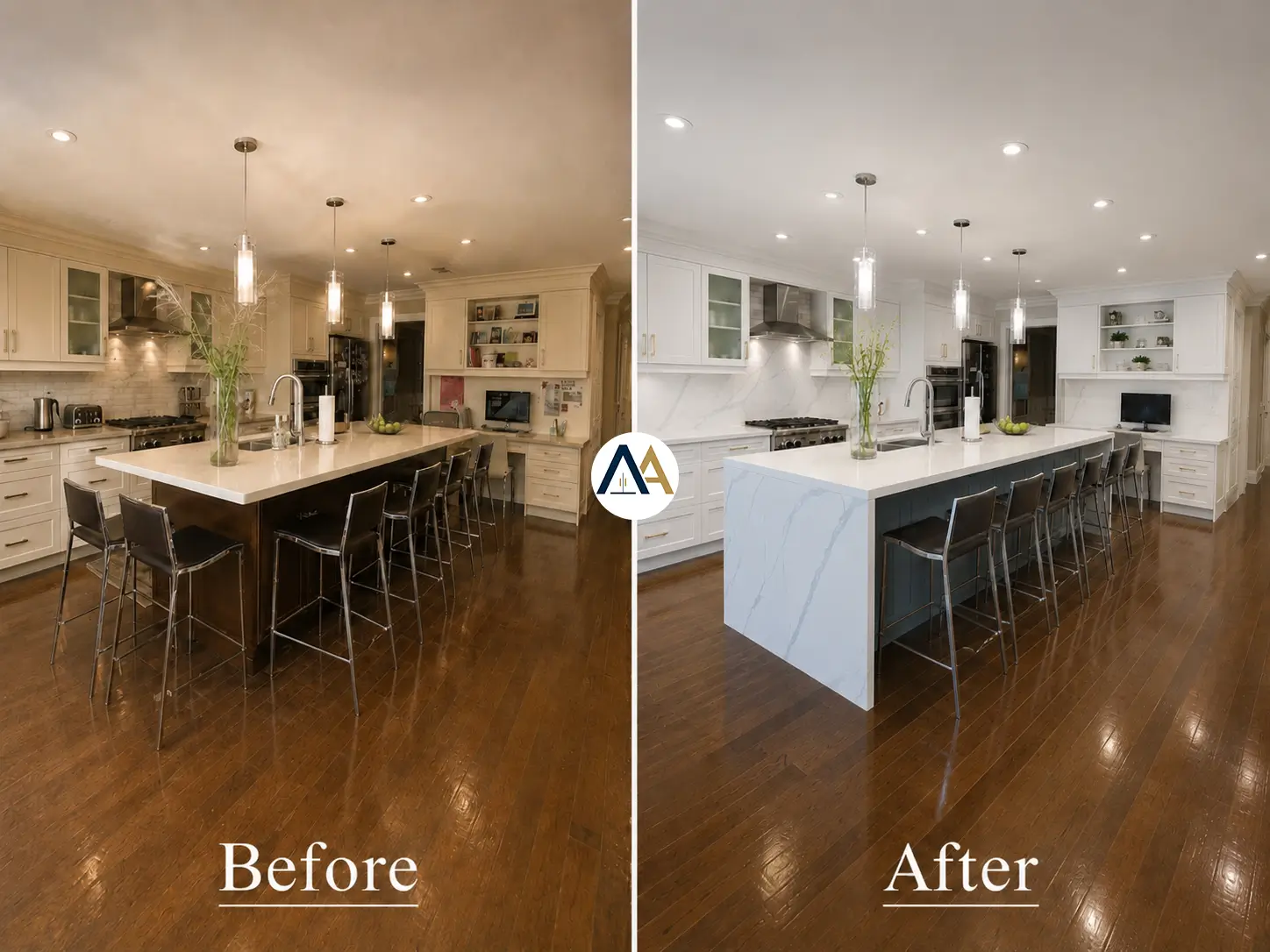 Kitchen renovation Toronto case study — full transformation in Richmond Hill with refinished cabinets, waterfall quartz island, and slab backsplash