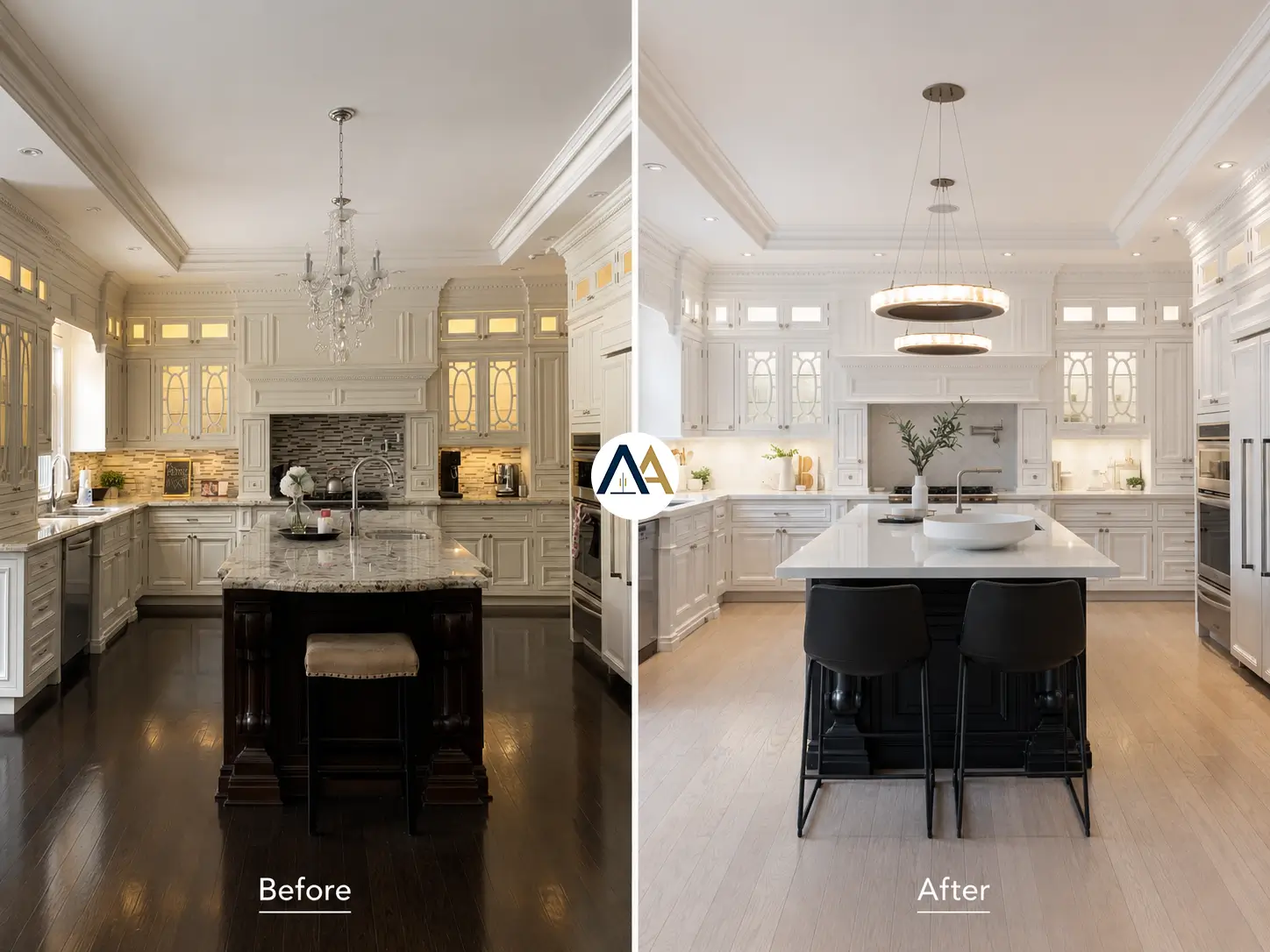 Full Kitchen Renovation, Cabinet Two Tone Refinishing Countertop Quartz Flooring in Rosedalel
