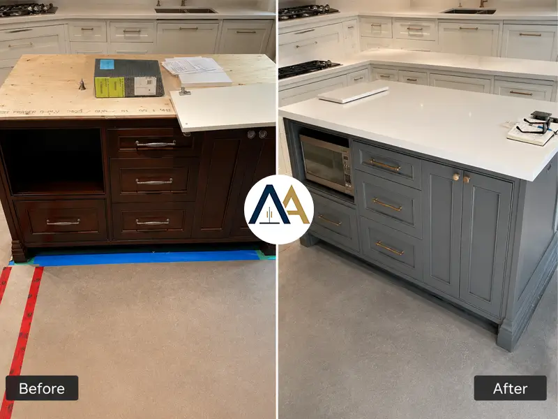 Kitchen renovation Toronto — full cabinet refinish, quartz countertop, and backsplash in Richmond Hill