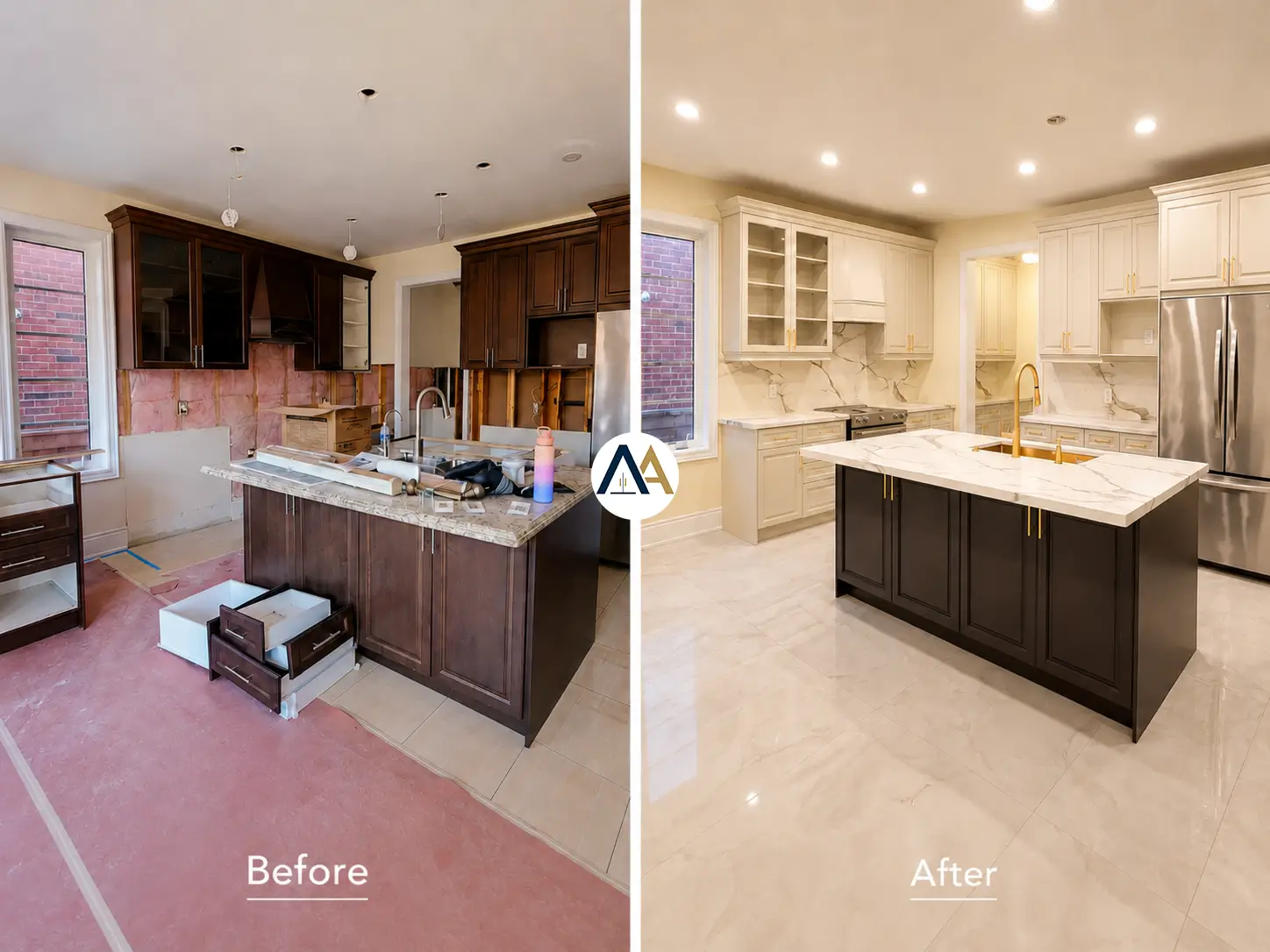 Two-tone kitchen cabinets Toronto — island accent colour by Arsh Art