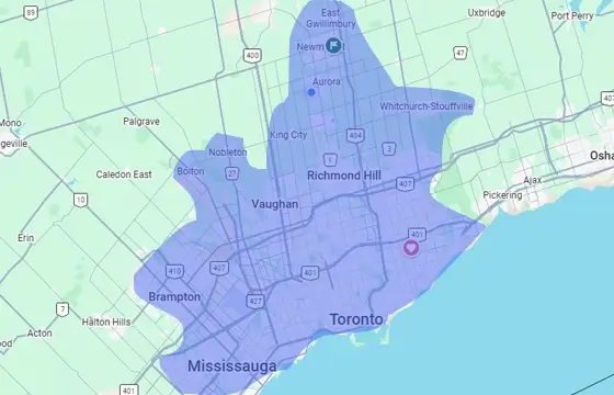 Service area map for Arsh Art Cabinets covering the Greater Toronto Area