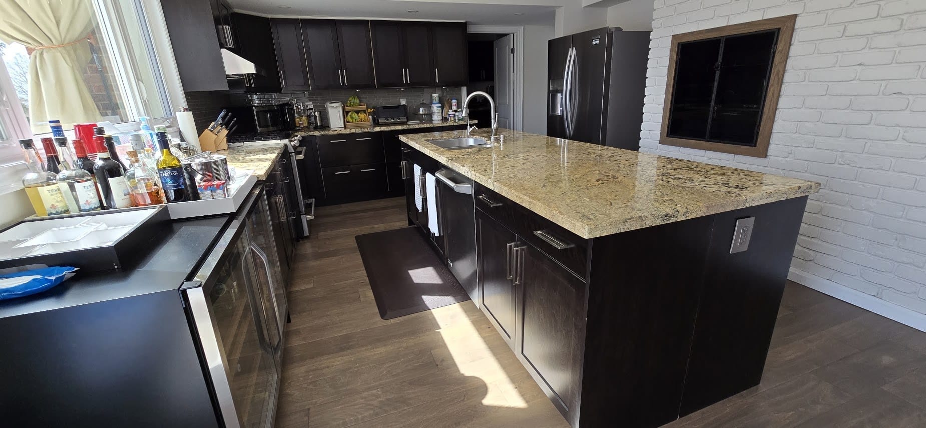Real Arsh Art project before refinishing: dark espresso kitchen cabinets and island